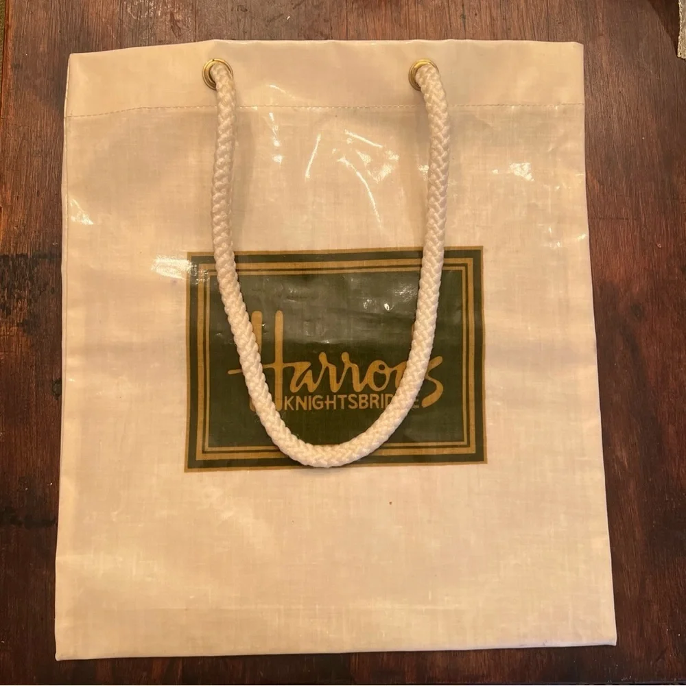 Vintage HARRODS Knightsbridge Cotton/PVC Coated Shopping Tote Bag White Rope